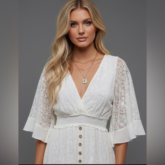 Boho Lace Batwing Sleeve Shirred Waist Dress - Picture 2 of 8